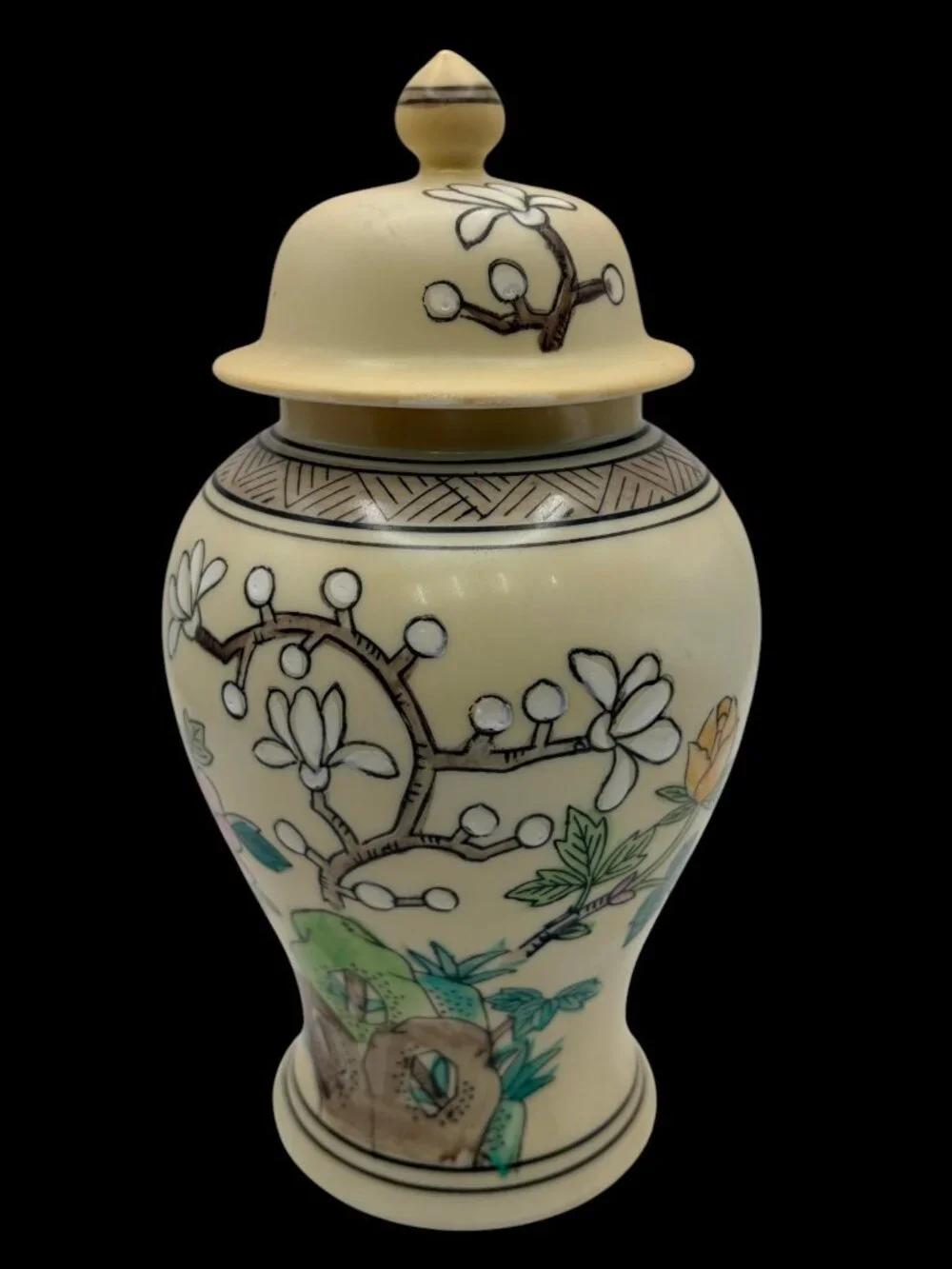 VTG Floral Ginger Jar Porcelain Lidded Vase Chinoiserie Indian Tree Decor 9